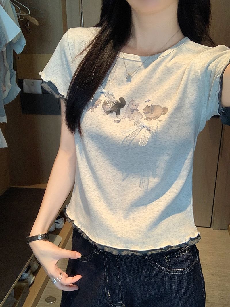 Vapetix S-XL Pure Cotton Ribbed Short Sleeve T-Shirt Summer 2025 New Fashion Short Length with Bowknot Pseudo Tw