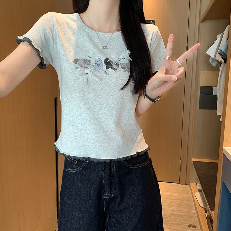 Vapetix S-XL Pure Cotton Ribbed Short Sleeve T-Shirt Summer 2025 New Fashion Short Length with Bowknot Pseudo Tw - 图片 2