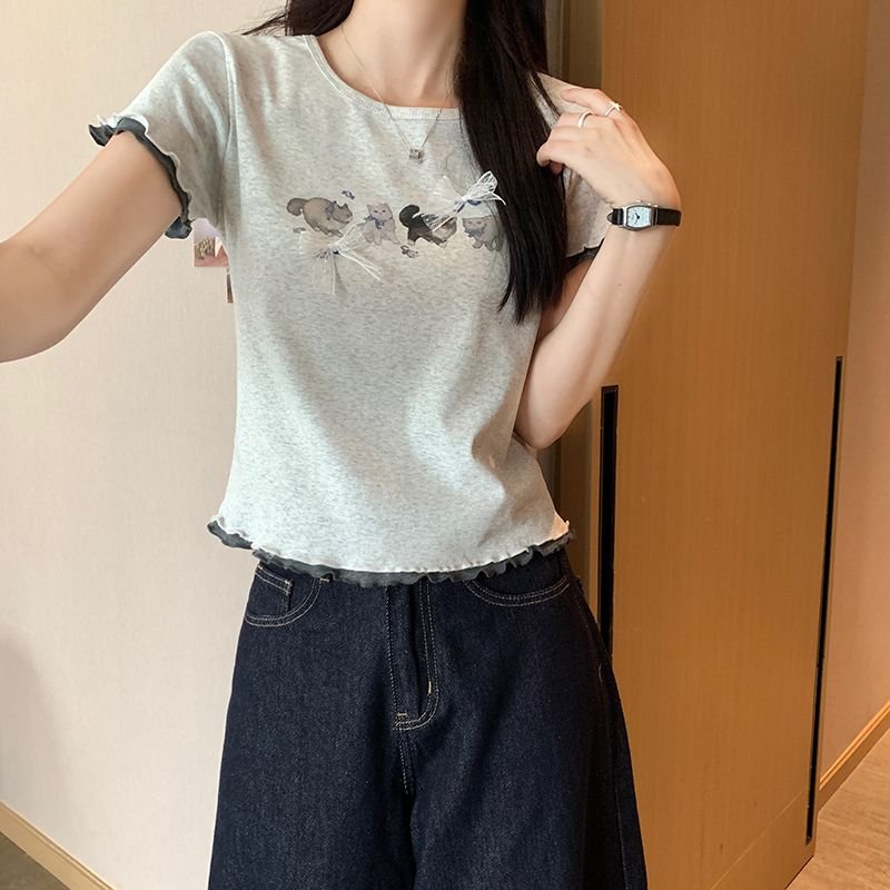 Vapetix S-XL Pure Cotton Ribbed Short Sleeve T-Shirt Summer 2025 New Fashion Short Length with Bowknot Pseudo Tw - 图片 3