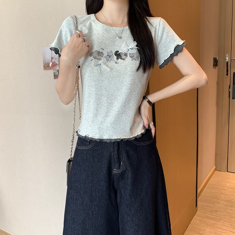 Vapetix S-XL Pure Cotton Ribbed Short Sleeve T-Shirt Summer 2025 New Fashion Short Length with Bowknot Pseudo Tw - 图片 4