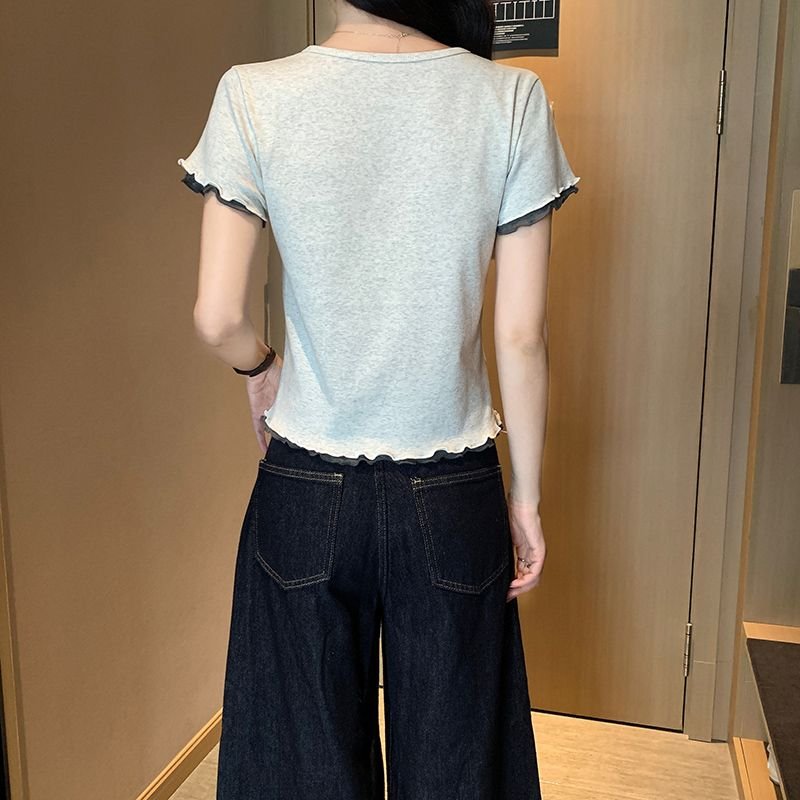 Vapetix S-XL Pure Cotton Ribbed Short Sleeve T-Shirt Summer 2025 New Fashion Short Length with Bowknot Pseudo Tw - 图片 5