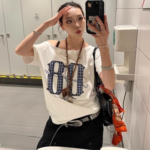 Vapetix S-XL  220g 92% Cotton 8% Spandex American Girl Shoulder Letter Print Short-Sleeve T-Shirt for Women - Afbeelding 6
