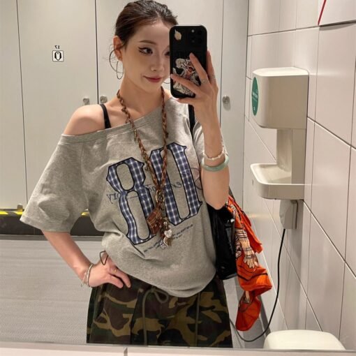 Vapetix S-XL  220g 92% Cotton 8% Spandex American Girl Shoulder Letter Print Short-Sleeve T-Shirt for Women - Afbeelding 8