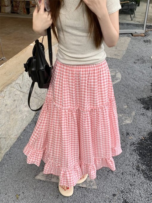 Vapetix Free Size-Free Size  Real shot new Korean version loose high waist plaid splicing ruffle casual slimming half skirt - Imagen 7