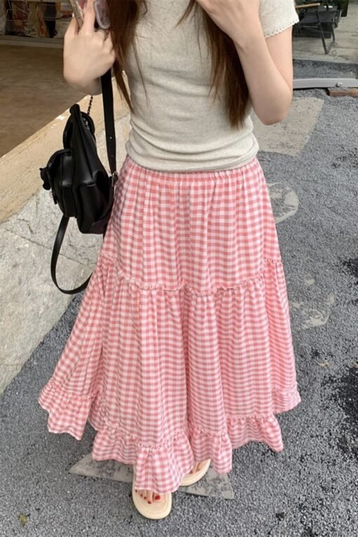 Vapetix Free Size-Free Size  Real shot new Korean version loose high waist plaid splicing ruffle casual slimming half skirt - Imagen 8
