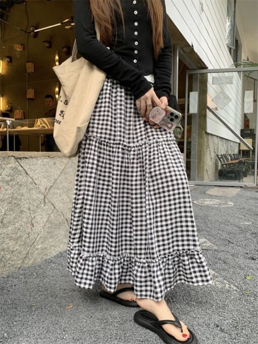 Vapetix Free Size-Free Size  Real shot new Korean version loose high waist plaid splicing ruffle casual slimming half skirt - Imagen 9