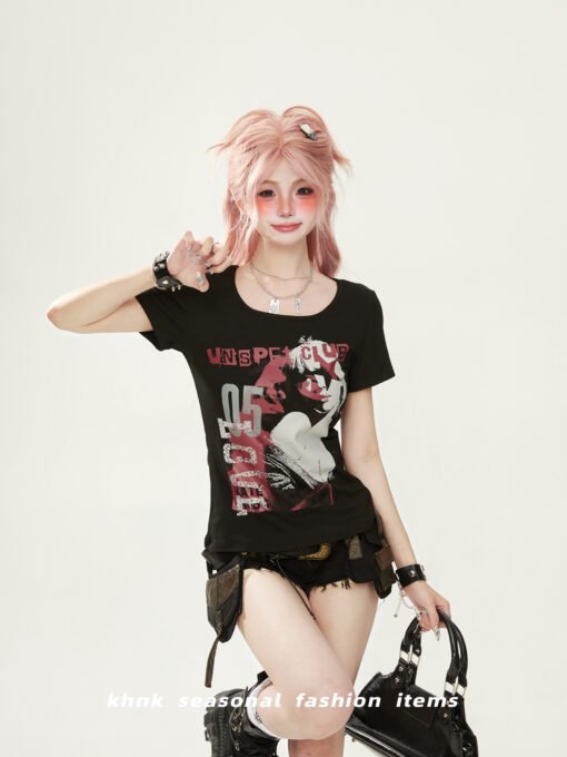 Vapetix M-2XL  220g 40 pieces Odel 92 cotton 8% spandex American retro character print U-neck women's short-sleeve