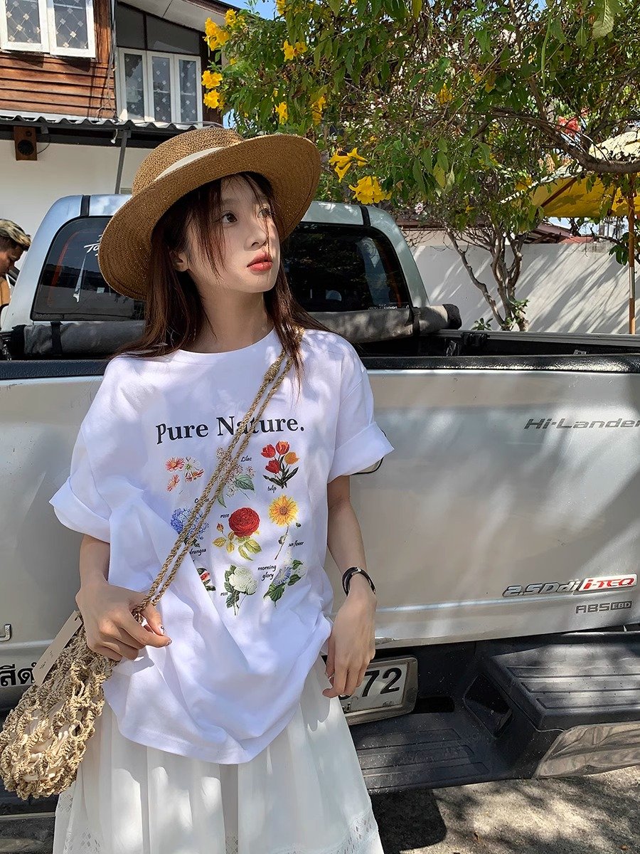 Vapetix S-3XL 2025 Summer 21 Piece 100% Cotton 210g Plant Flower Print Short-Sleeve T-Shirt for Women