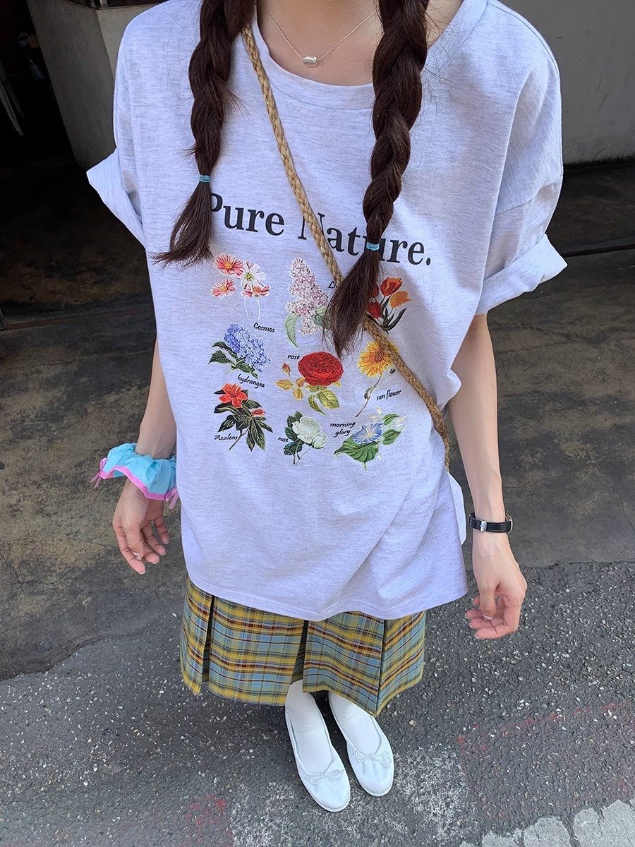 Vapetix S-3XL 2025 Summer 21 Piece 100% Cotton 210g Plant Flower Print Short-Sleeve T-Shirt for Women – Bild 4