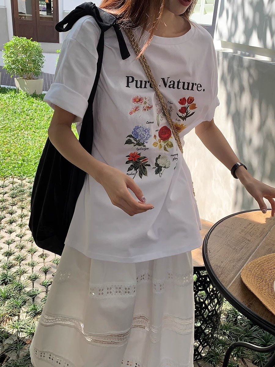 Vapetix S-3XL 2025 Summer 21 Piece 100% Cotton 210g Plant Flower Print Short-Sleeve T-Shirt for Women – Bild 8