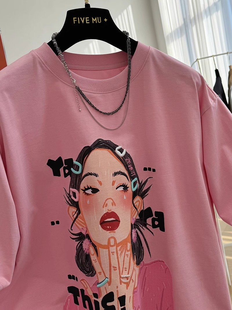 Vapetix S-3XL 21 pure cotton 210g 100% cotton lazy loose cartoon print short-sleeved T-shirt for women
