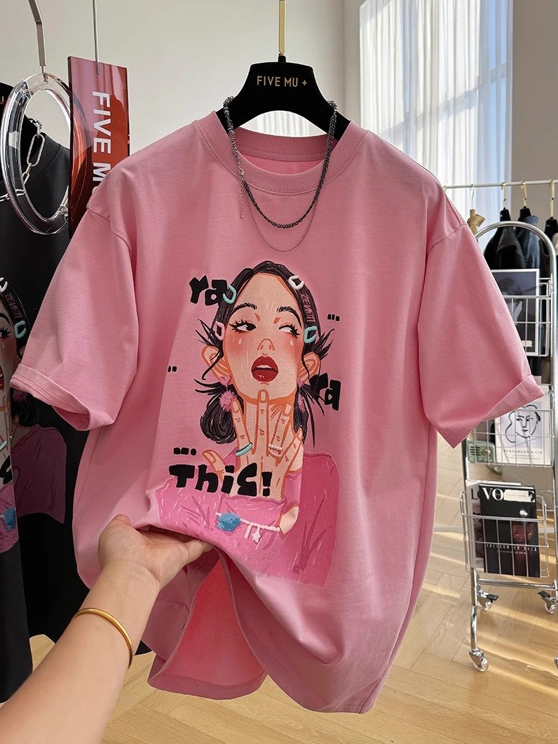 Vapetix S-3XL 21 pure cotton 210g 100% cotton lazy loose cartoon print short-sleeved T-shirt for women - 图片 2