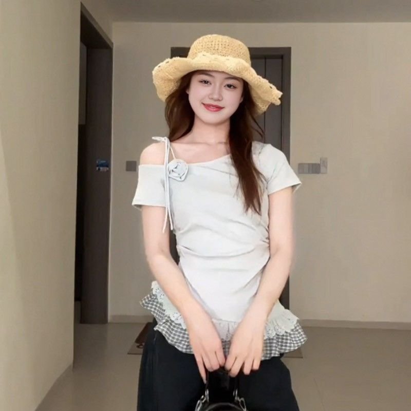 Vapetix S-XL 40 pieces of cotton-blend grid short-sleeve t-shirts for summer, Korean-style spicy girls' slim-fit - 图片 2