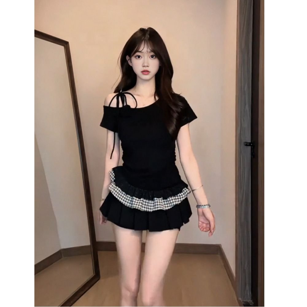 Vapetix S-XL 40 pieces of cotton-blend grid short-sleeve t-shirts for summer, Korean-style spicy girls' slim-fit - 图片 3