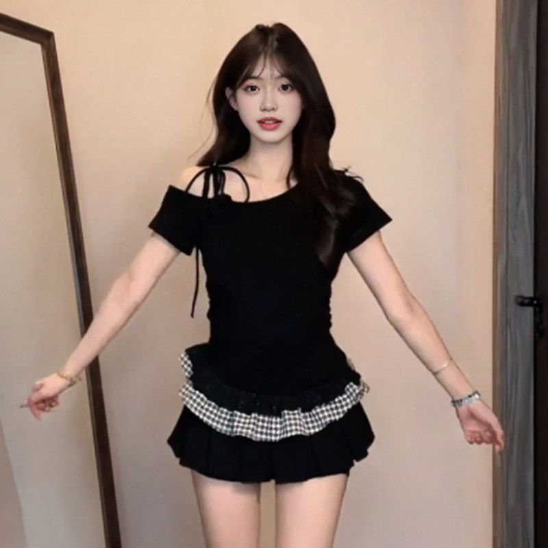 Vapetix S-XL 40 pieces of cotton-blend grid short-sleeve t-shirts for summer, Korean-style spicy girls' slim-fit - 图片 4