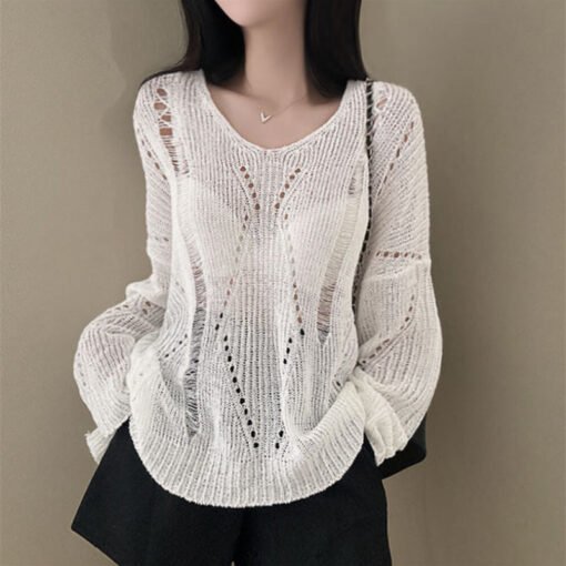Vapetix Free Size-Free Size  Korean Spring and Summer New Style Lazy Loose Pure Color Hollow Thin Long Sleeve Knitted V-neck Cov