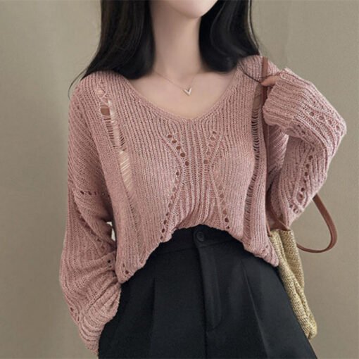 Vapetix Free Size-Free Size  Korean Spring and Summer New Style Lazy Loose Pure Color Hollow Thin Long Sleeve Knitted V-neck Cov - Afbeelding 3