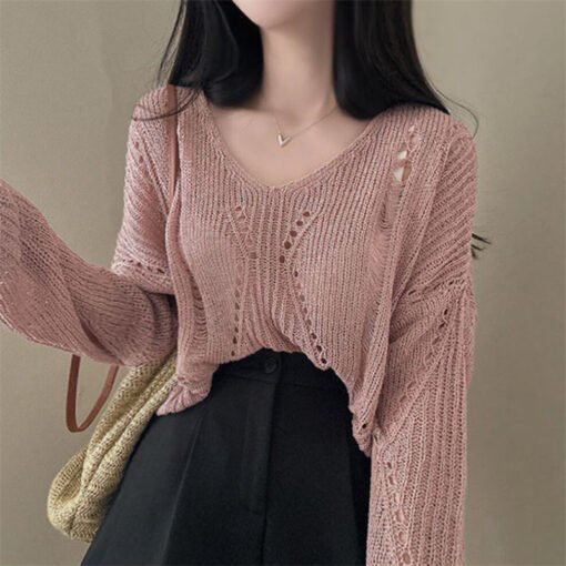Vapetix Free Size-Free Size  Korean Spring and Summer New Style Lazy Loose Pure Color Hollow Thin Long Sleeve Knitted V-neck Cov - Afbeelding 6