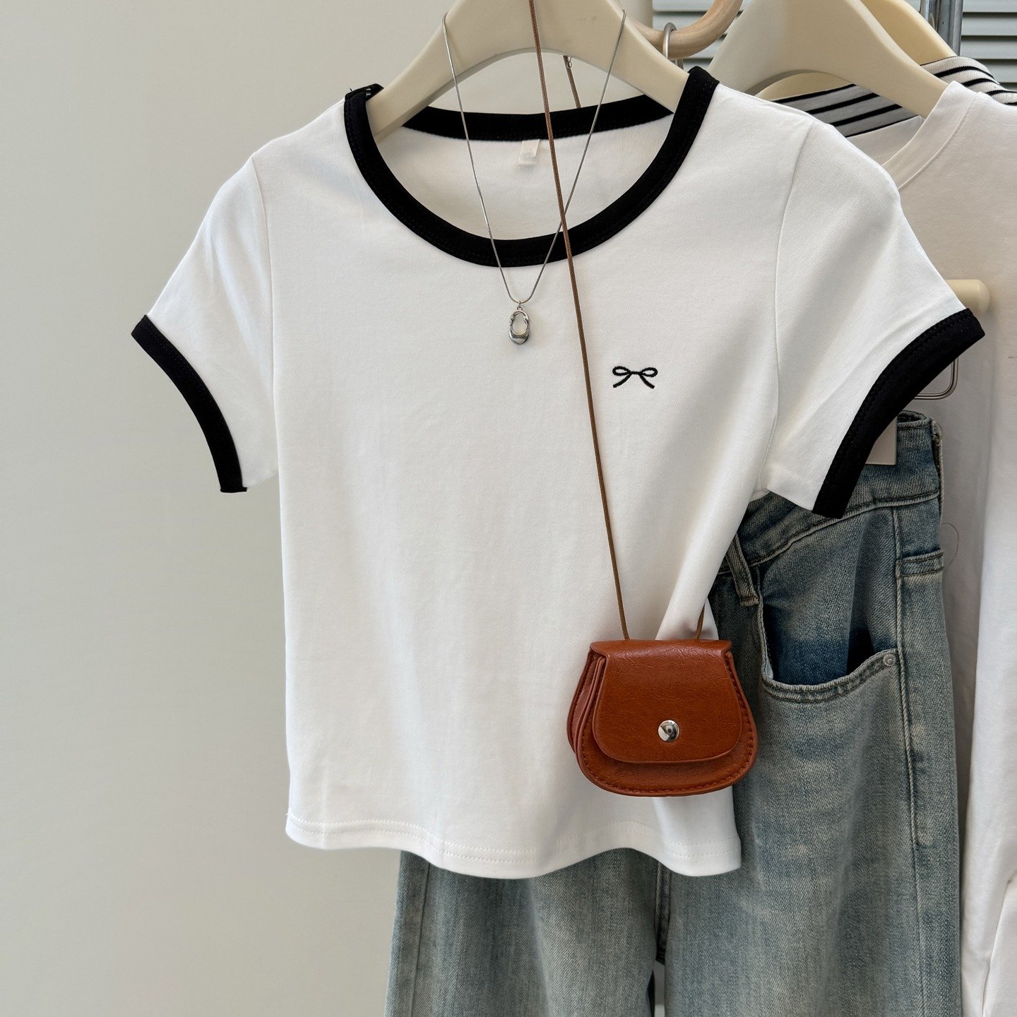 Vapetix S-XL Real shot pure cotton ribbed summer short-sleeved T-shirt women embroidered slimming Korean version - 图片 2