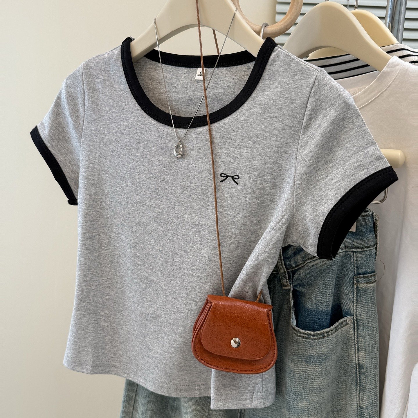 Vapetix S-XL Real shot pure cotton ribbed summer short-sleeved T-shirt women embroidered slimming Korean version - 图片 3