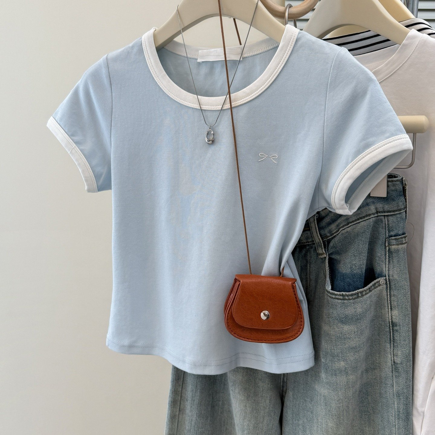 Vapetix S-XL Real shot pure cotton ribbed summer short-sleeved T-shirt women embroidered slimming Korean version - 图片 4