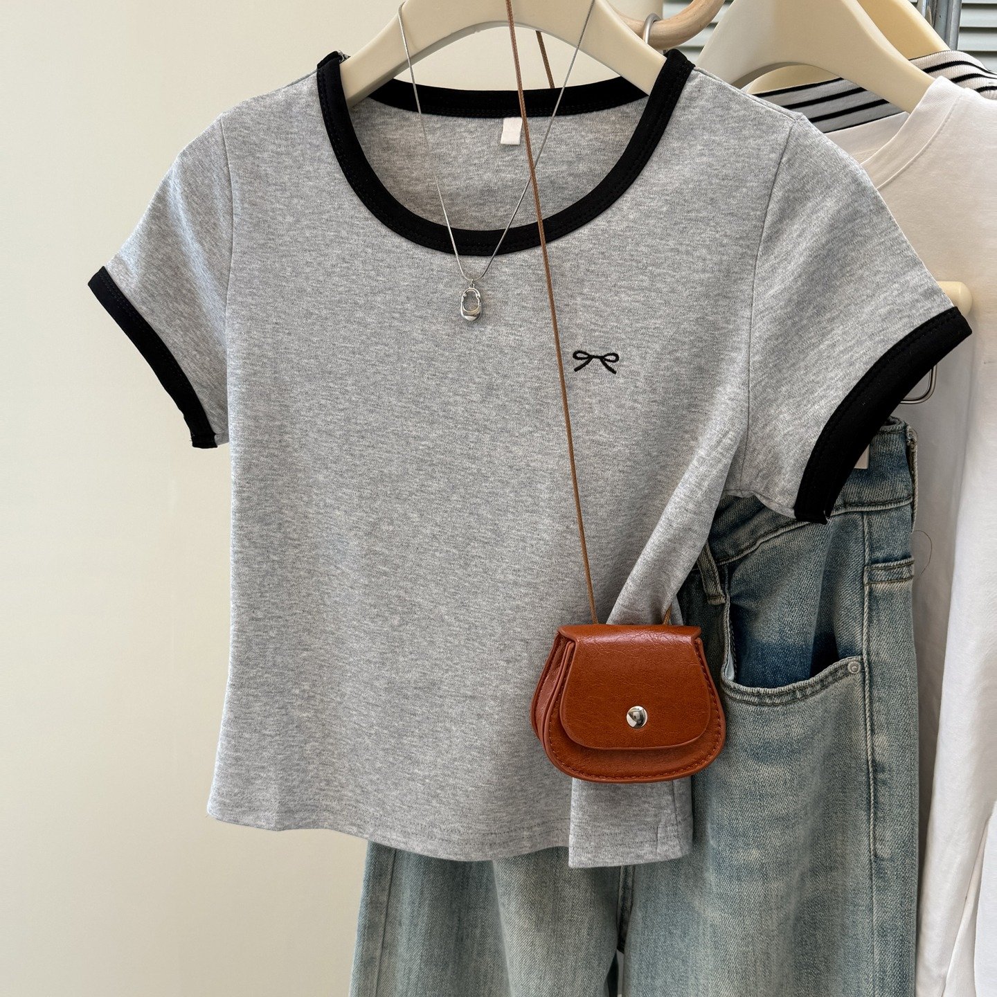 Vapetix S-XL Real shot pure cotton ribbed summer short-sleeved T-shirt women embroidered slimming Korean version - 图片 5