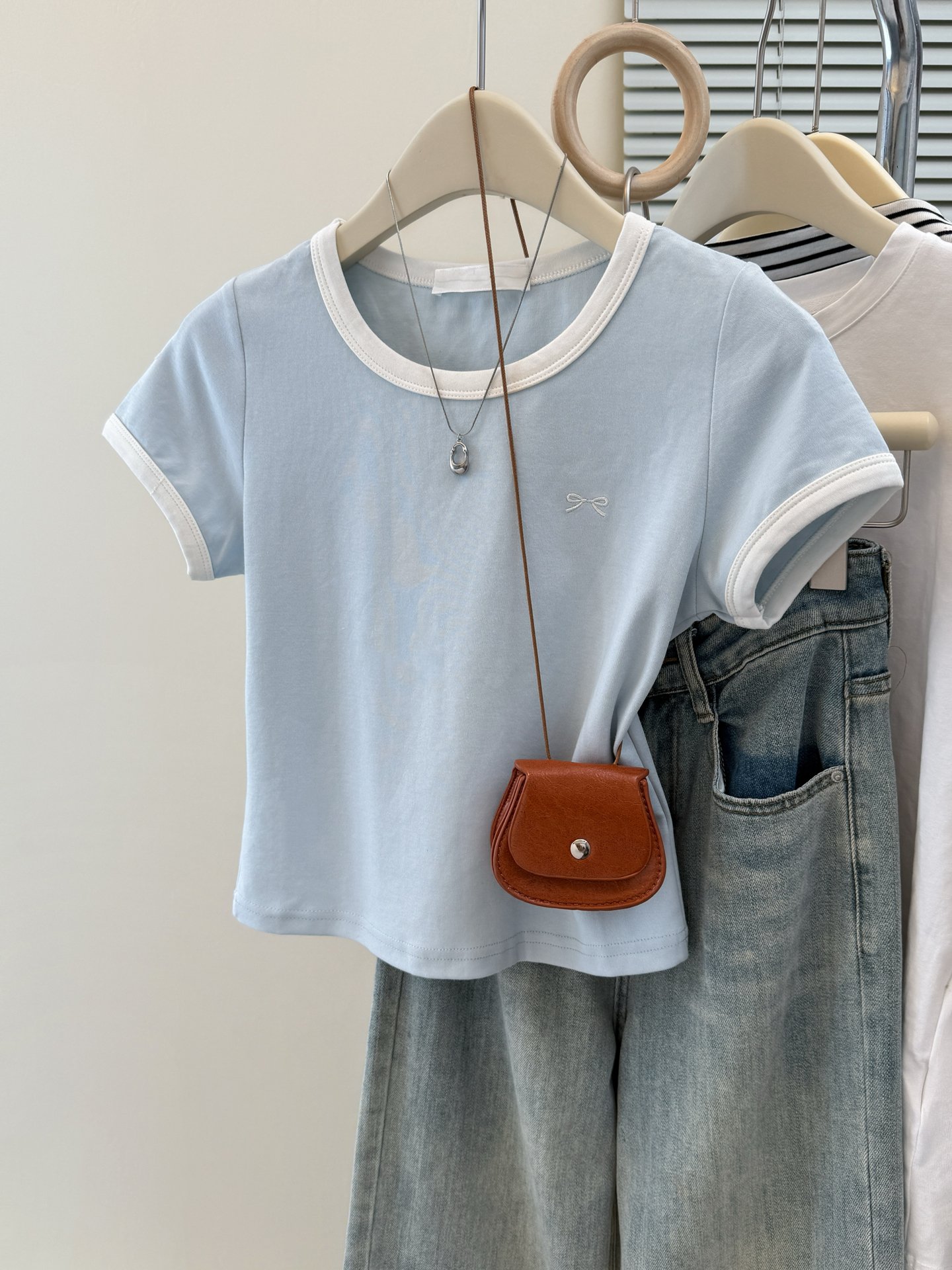 Vapetix S-XL Real shot pure cotton ribbed summer short-sleeved T-shirt women embroidered slimming Korean version - 图片 7