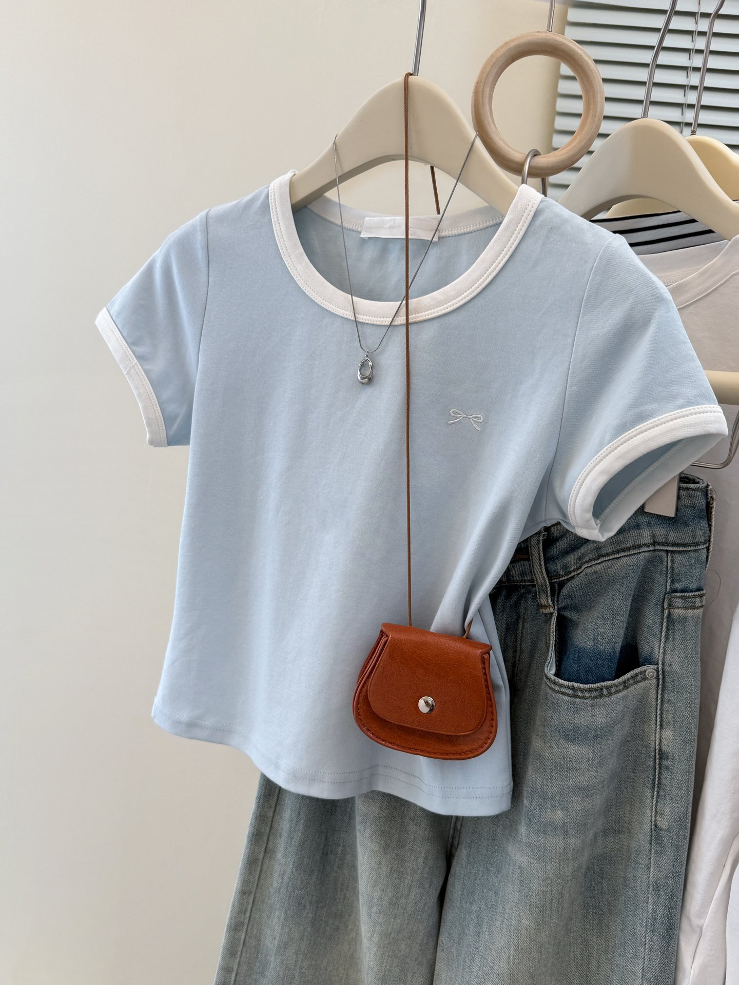 Vapetix S-XL Real shot pure cotton ribbed summer short-sleeved T-shirt women embroidered slimming Korean version - 图片 8