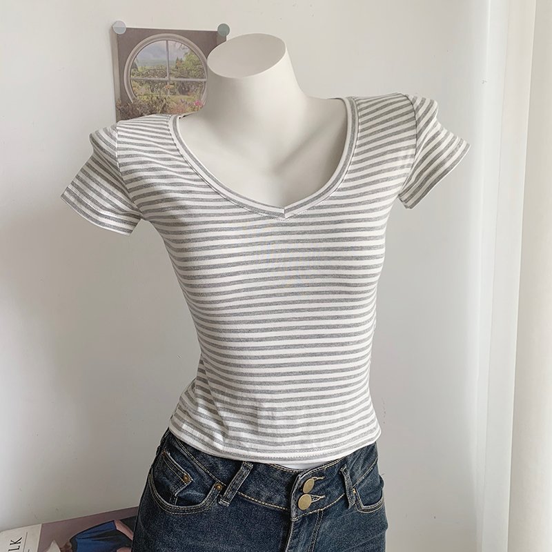 Vapetix S-XL 95 cotton 5 spandex dyed stripe simple v-neck striped short-sleeved t-shirt for women in summer sli – Bild 5