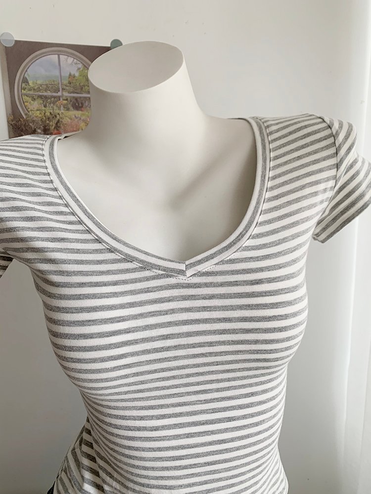 Vapetix S-XL 95 cotton 5 spandex dyed stripe simple v-neck striped short-sleeved t-shirt for women in summer sli – Bild 6