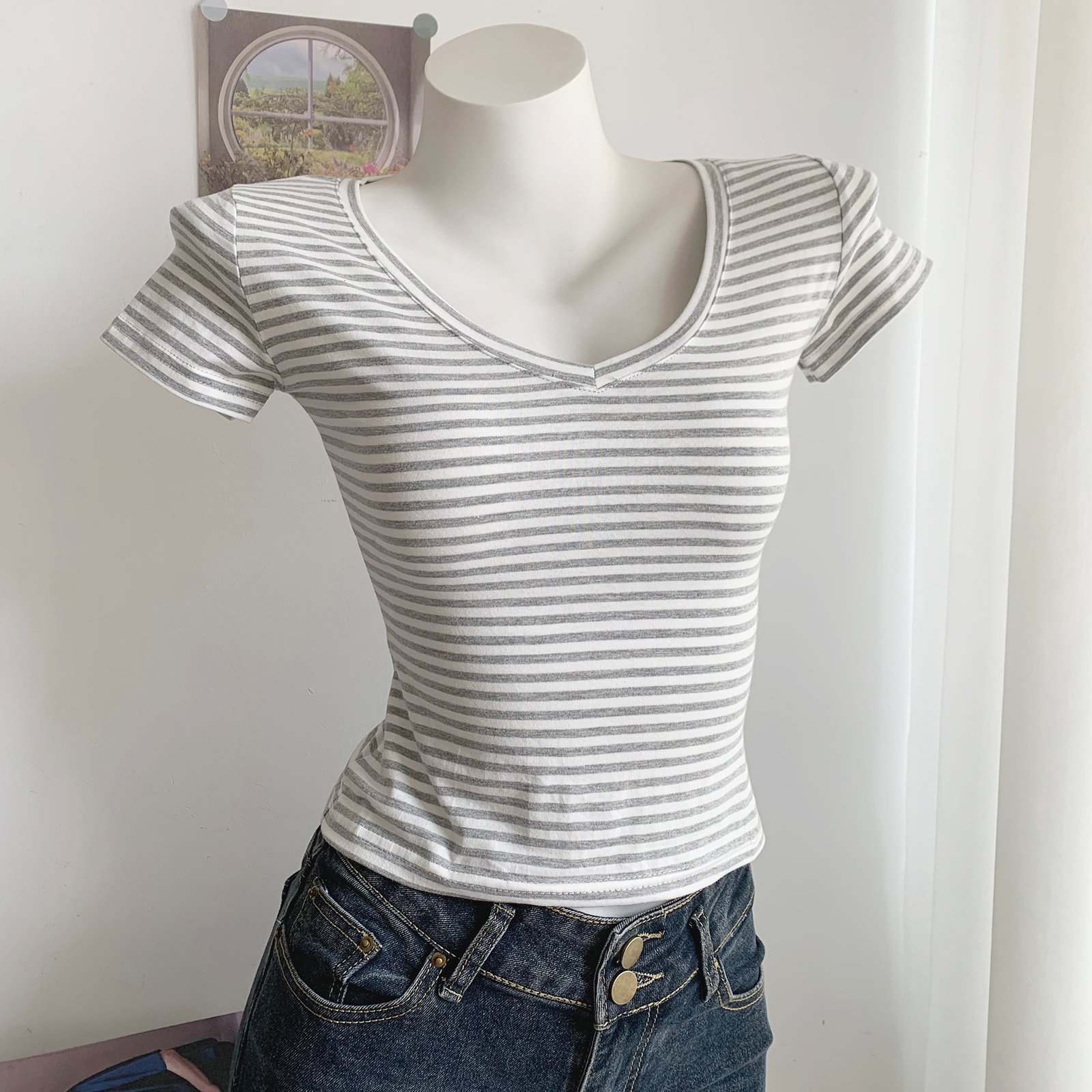 Vapetix S-XL 95 cotton 5 spandex dyed stripe simple v-neck striped short-sleeved t-shirt for women in summer sli – Bild 7