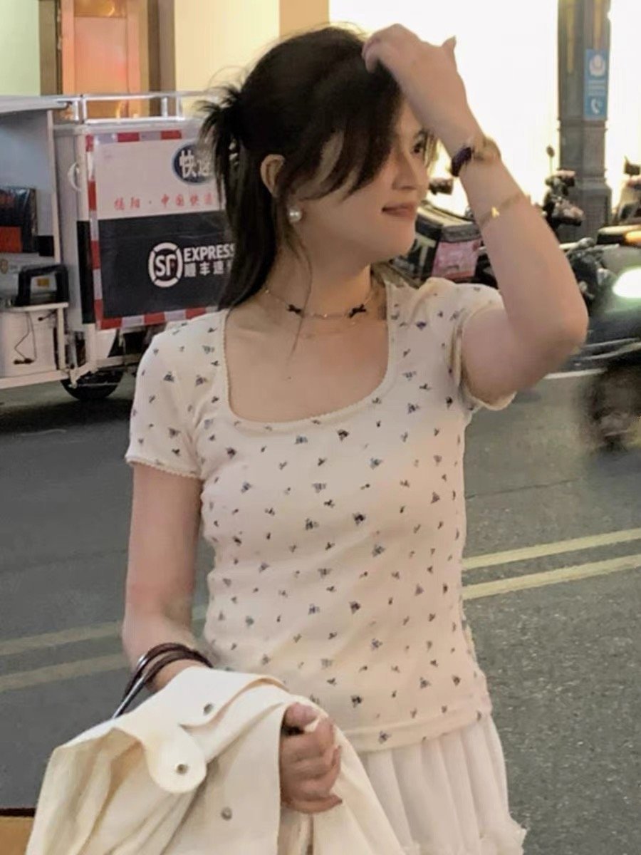 Vapetix S-XL Modal 260g Pure Desire Floral Print Square Neck Lace T-shirt for Women as Underlayer Top