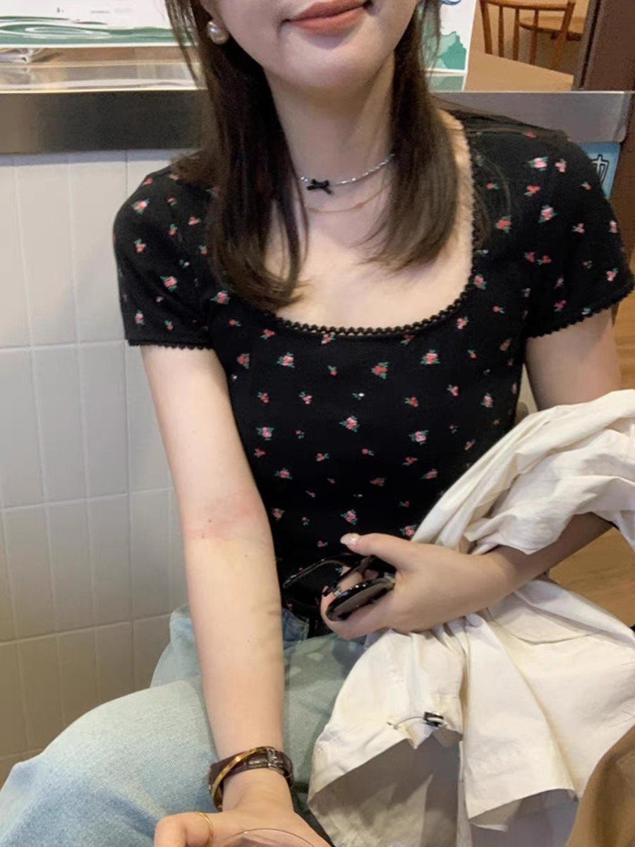 Vapetix S-XL Modal 260g Pure Desire Floral Print Square Neck Lace T-shirt for Women as Underlayer Top - 图片 3