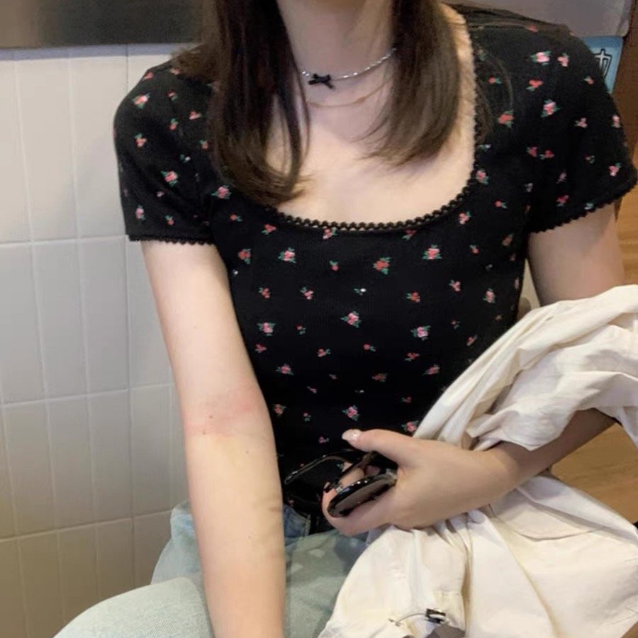 Vapetix S-XL Modal 260g Pure Desire Floral Print Square Neck Lace T-shirt for Women as Underlayer Top - 图片 4