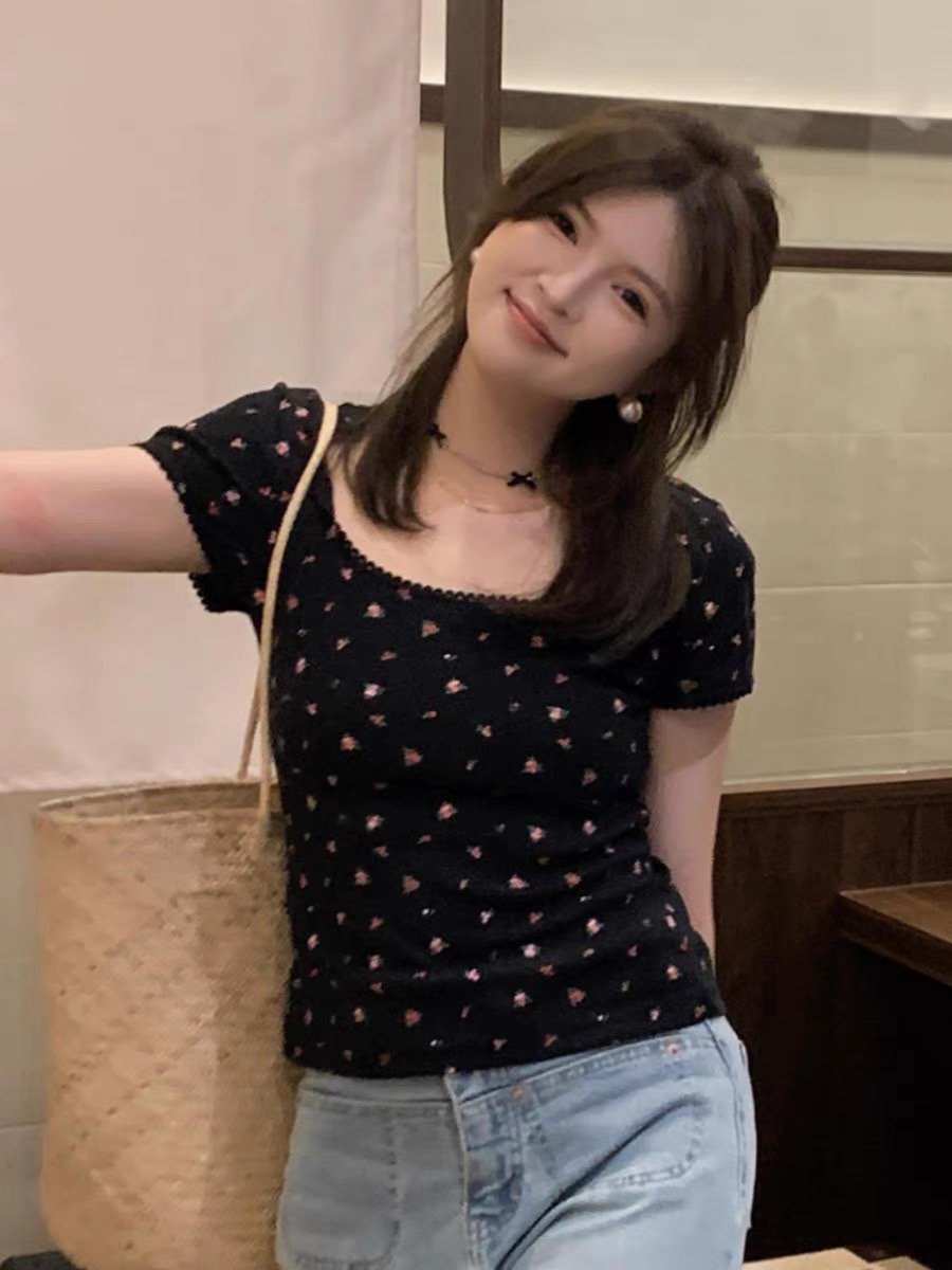 Vapetix S-XL Modal 260g Pure Desire Floral Print Square Neck Lace T-shirt for Women as Underlayer Top - 图片 5