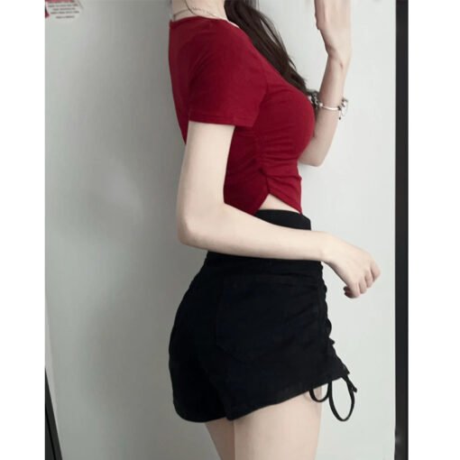Vapetix S-2XL  Women's summer 2025 new red square neck short sleeve T-shirt, casual, for layering, short, sexy, sp