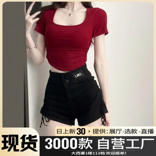 Vapetix S-2XL  Women's summer 2025 new red square neck short sleeve T-shirt, casual, for layering, short, sexy, sp - Afbeelding 2