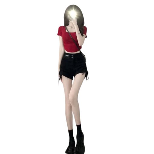 Vapetix S-2XL  Women's summer 2025 new red square neck short sleeve T-shirt, casual, for layering, short, sexy, sp - Afbeelding 3