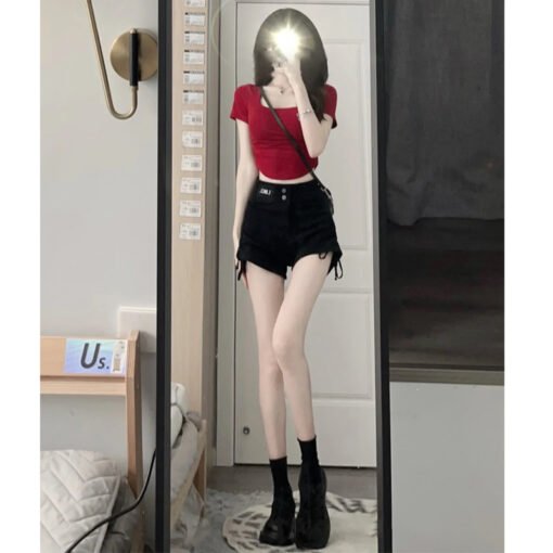 Vapetix S-2XL  Women's summer 2025 new red square neck short sleeve T-shirt, casual, for layering, short, sexy, sp - Afbeelding 4