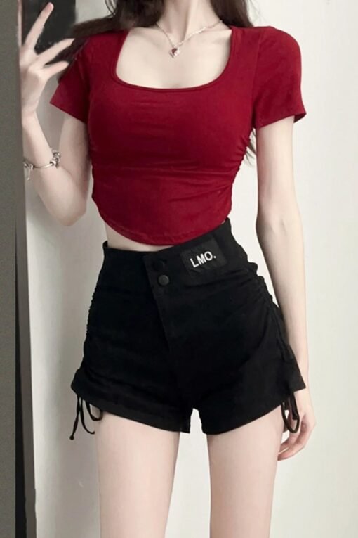Vapetix S-2XL  Women's summer 2025 new red square neck short sleeve T-shirt, casual, for layering, short, sexy, sp - Afbeelding 6