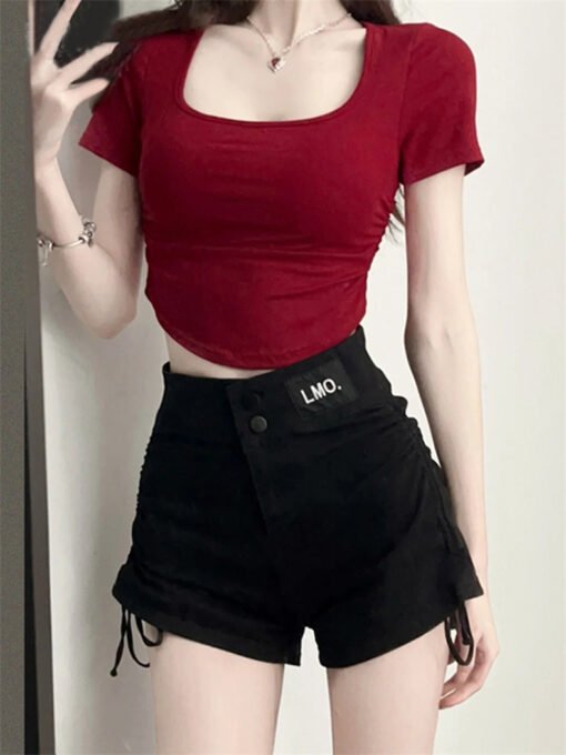 Vapetix S-2XL  Women's summer 2025 new red square neck short sleeve T-shirt, casual, for layering, short, sexy, sp - Afbeelding 8