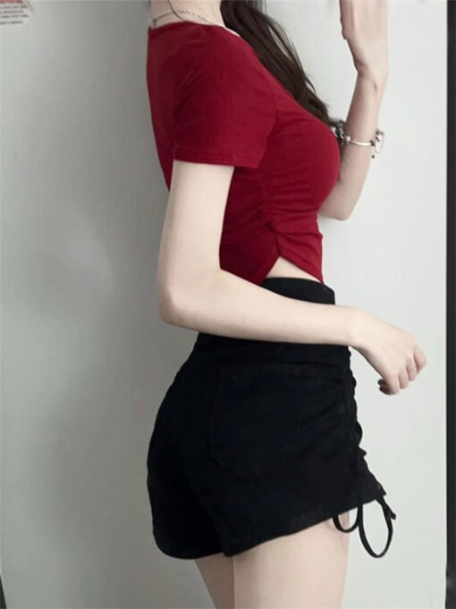 Vapetix S-2XL  Women's summer 2025 new red square neck short sleeve T-shirt, casual, for layering, short, sexy, sp - Afbeelding 9