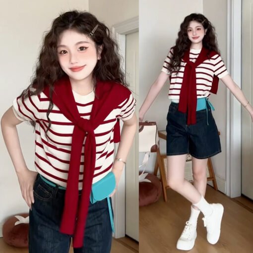 Vapetix S-3XL  Women's Red and White Striped Sweatshirt Top Two-Piece Set Korean Style Summer 2025 New Loose Knit