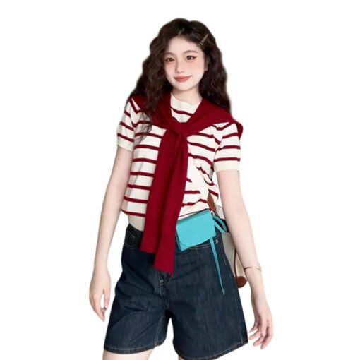 Vapetix S-3XL  Women's Red and White Striped Sweatshirt Top Two-Piece Set Korean Style Summer 2025 New Loose Knit - Imagen 3