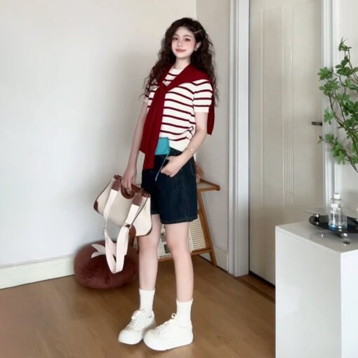 Vapetix S-3XL  Women's Red and White Striped Sweatshirt Top Two-Piece Set Korean Style Summer 2025 New Loose Knit - Imagen 4