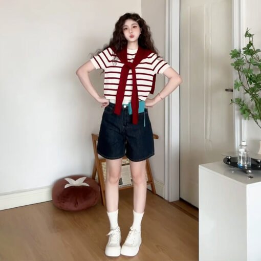 Vapetix S-3XL  Women's Red and White Striped Sweatshirt Top Two-Piece Set Korean Style Summer 2025 New Loose Knit - Imagen 5