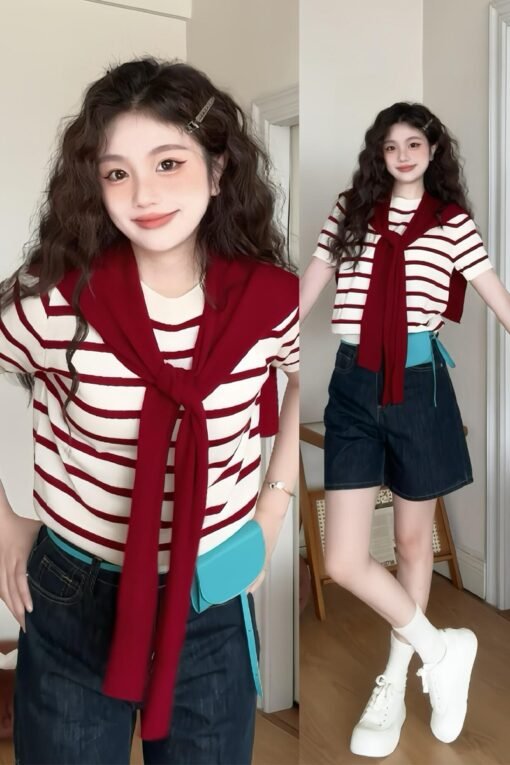 Vapetix S-3XL  Women's Red and White Striped Sweatshirt Top Two-Piece Set Korean Style Summer 2025 New Loose Knit - Imagen 6