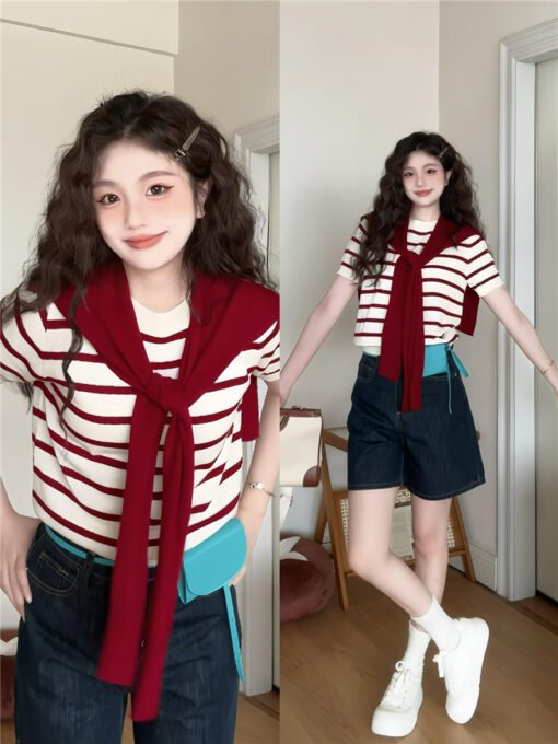 Vapetix S-3XL  Women's Red and White Striped Sweatshirt Top Two-Piece Set Korean Style Summer 2025 New Loose Knit - Imagen 8