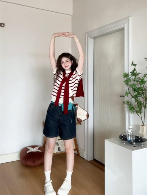 Vapetix S-3XL  Women's Red and White Striped Sweatshirt Top Two-Piece Set Korean Style Summer 2025 New Loose Knit - Imagen 9