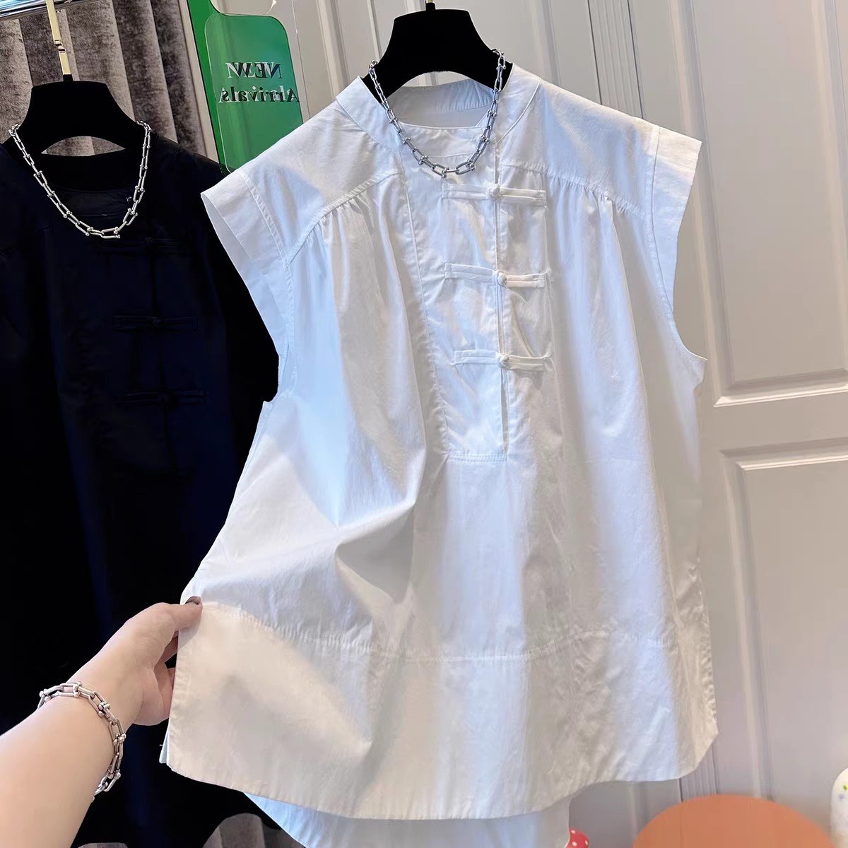 Vapetix Plus size L-M Summer dress new Korean style pure color large size women's new Chinese style national wind button- – Bild 7